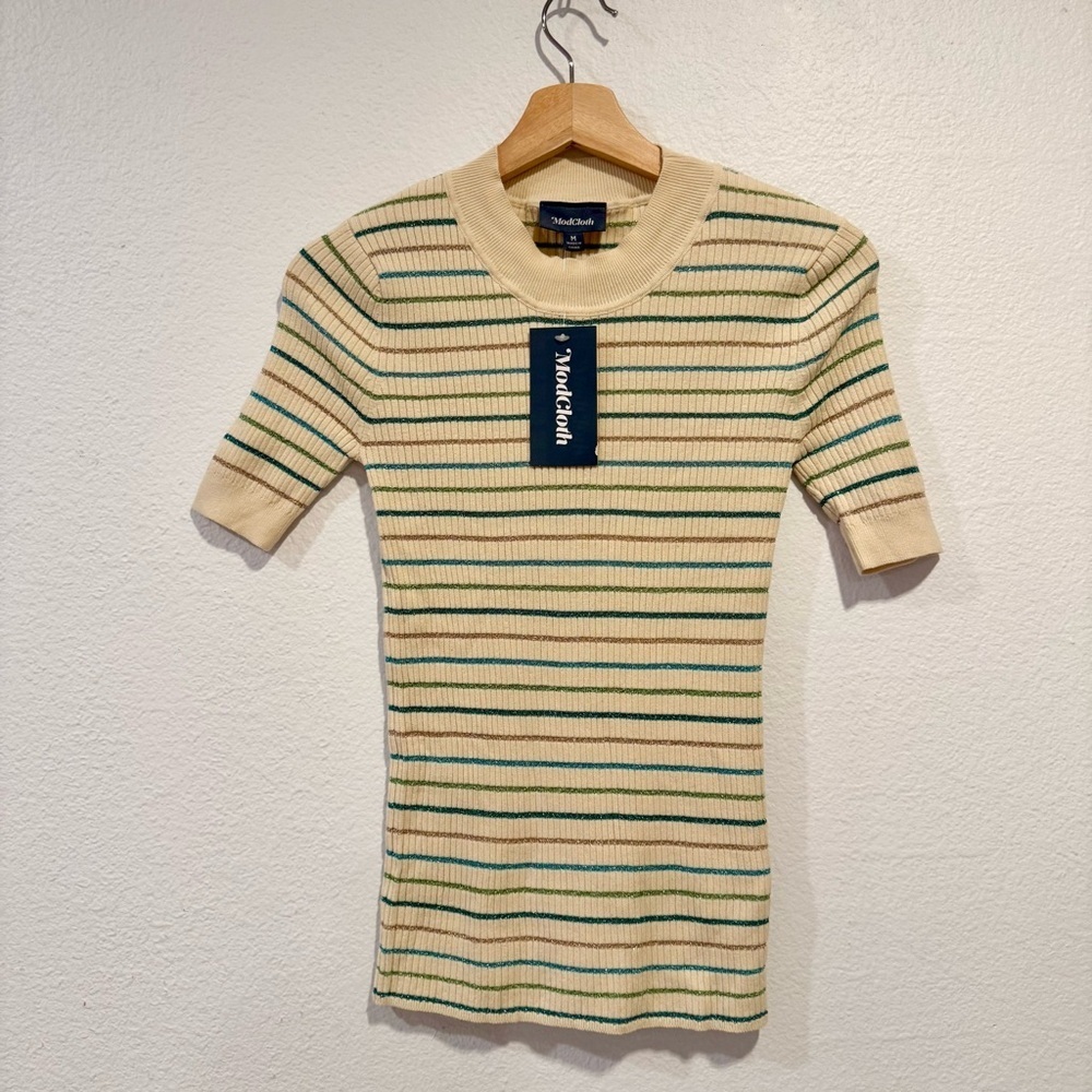 Modcloth Cream and Green Striped Short-Sleeve Turtleneck Sweater
